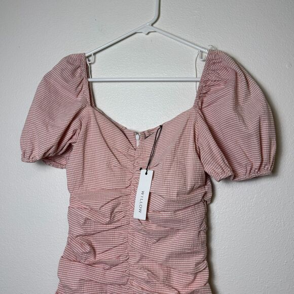 Willow & Clay Dresses & Skirts - Willow & Clay Pink Seersucker Ruched Puff Sleeve Bodycon Mini Dress Womens M NWT